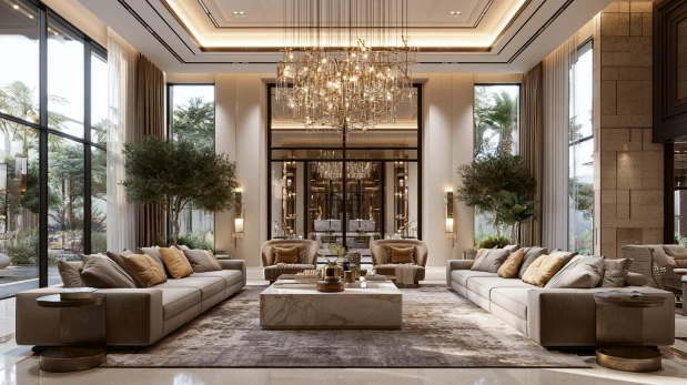 Central seating layout in large living room