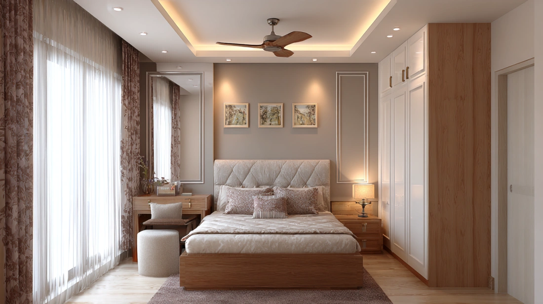 Bedroom wall separated by wooden divider rail