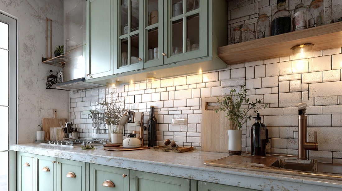 Chalk painted pastel shutters in cozy Indian kitchen