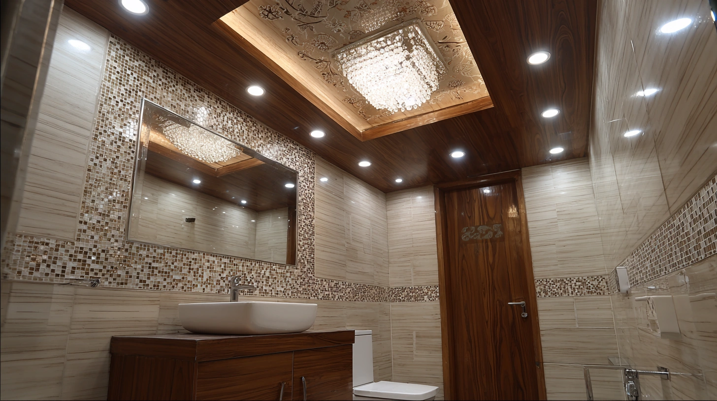 Luxurious bathroom featuring a chandelier hanging from a recessed ceiling
