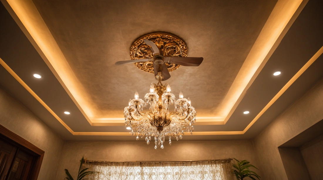 Gypsum ceiling design holding both a chandelier and fan