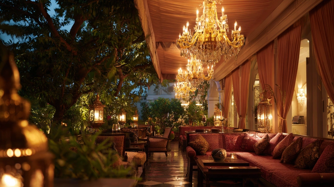 Outdoor chandelier creating luxury terrace ambience