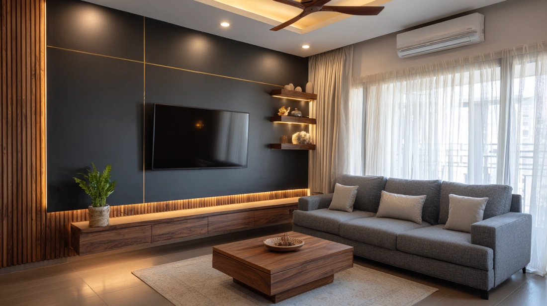 Dark charcoal feature wall hosting a television screen