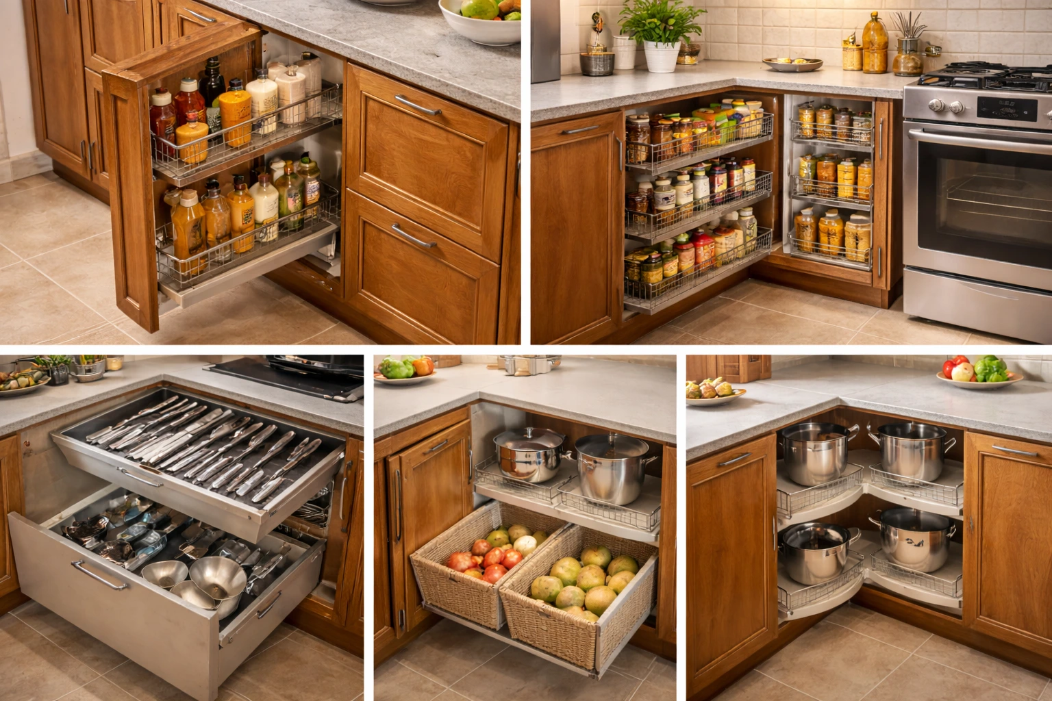 Modular kitchen accessories with price shown through organized drawers, pull-out baskets, corner units, and storage accessories in a modern kitchen