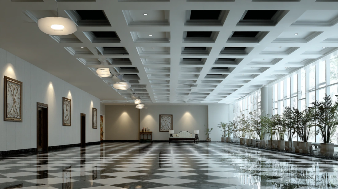 PVC false ceiling with a brown and white chequered design
