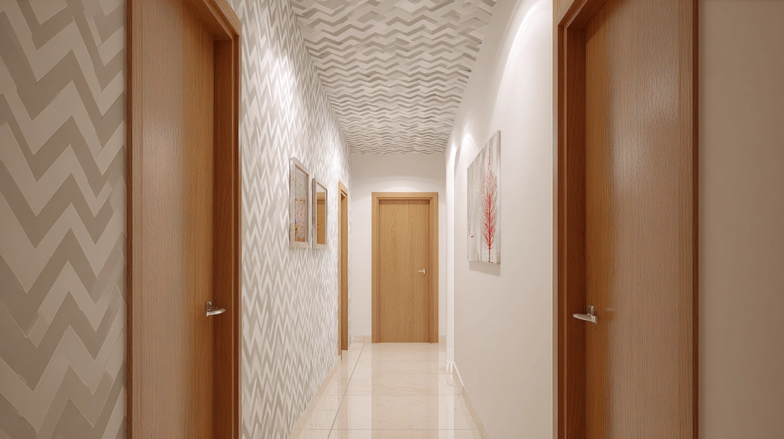 Chevron wallpaper design in a narrow apartment corridor