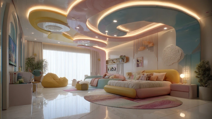 Kids bedroom POP ceiling with playful design