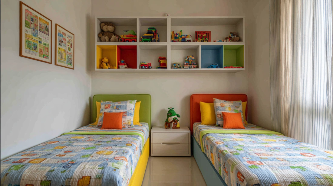 Two kids single beds in compact bedroom