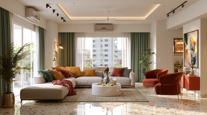 Terrazzo marble chip flooring in living room
