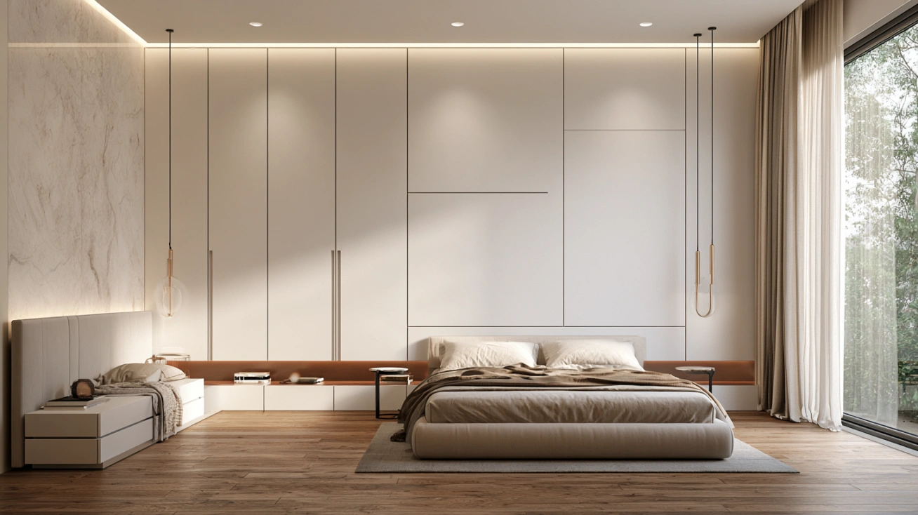 Modern white floor-to-ceiling wardrobe with warm lighting
