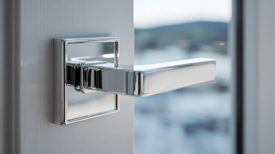 Chrome handle on aluminium door surface