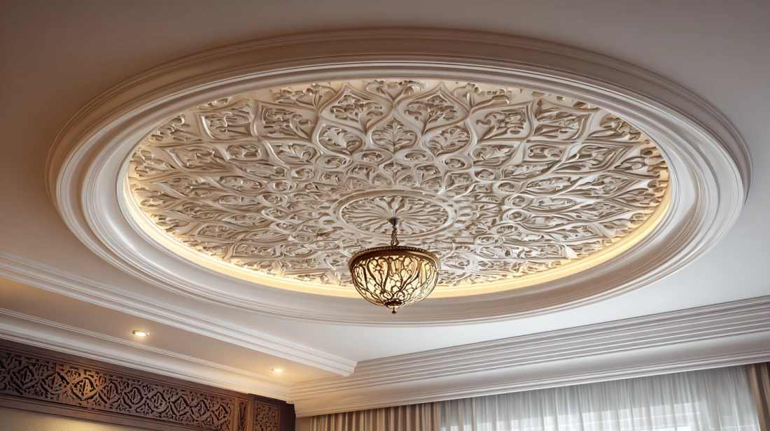 Elegant gypsum ceiling featuring smooth, flowing circular arc shapes