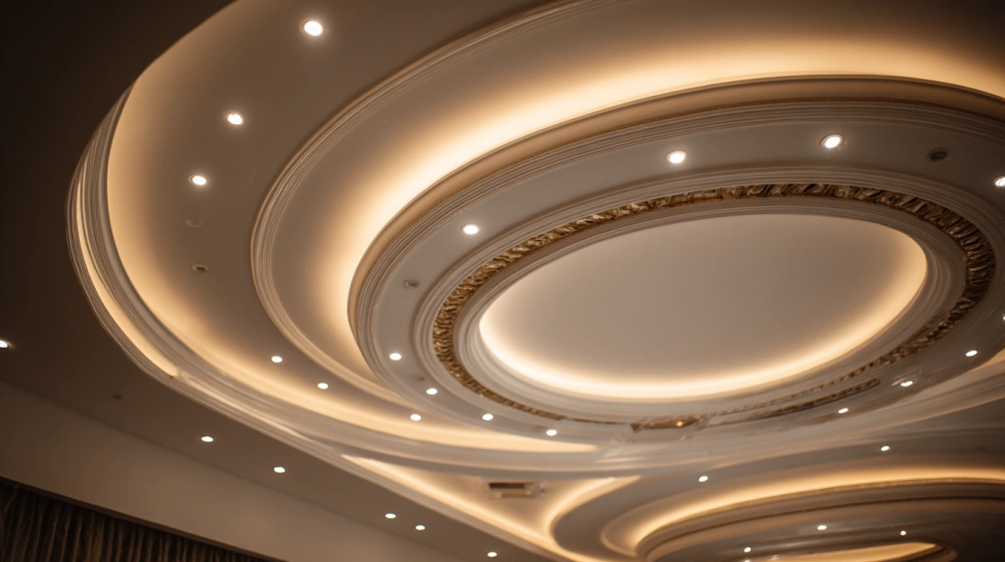 Recessed circular depression in a clean gypsum false ceiling