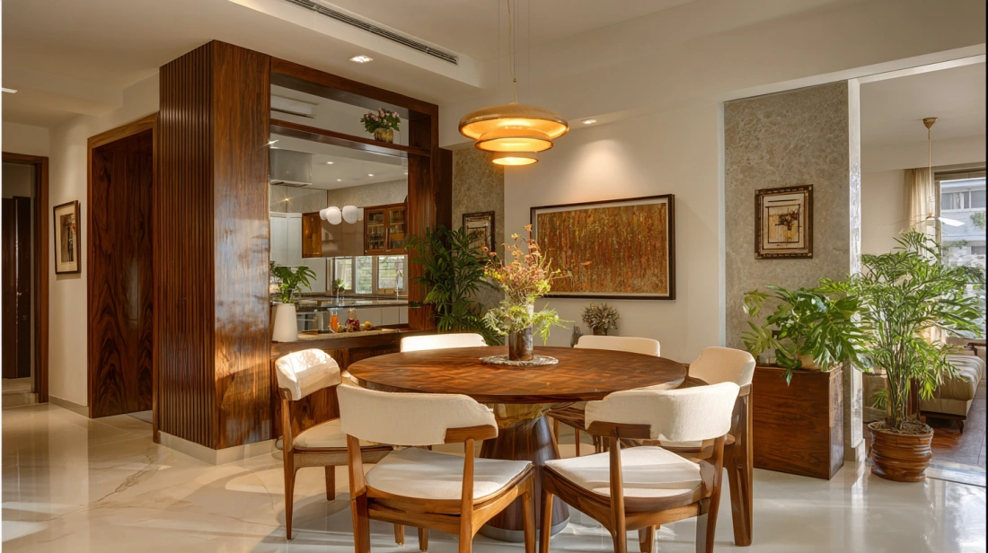 Circular dining table extended for more seating