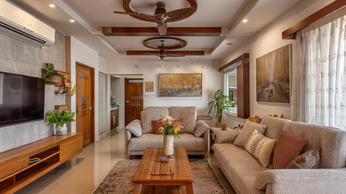 Living room hall featuring circular plaster medallions
