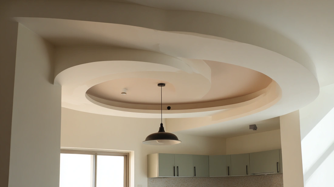 Modern kitchen area featuring a dramatic circular spiral ceiling