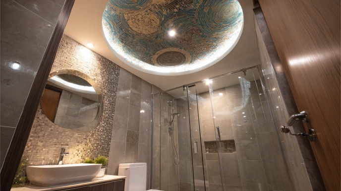 Circular POP ceiling in compact bathroom