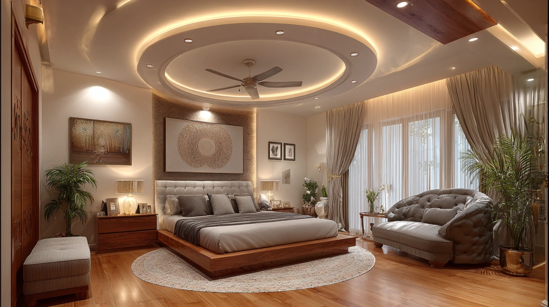 Circular PVC false ceiling with fan in spacious bedroom
