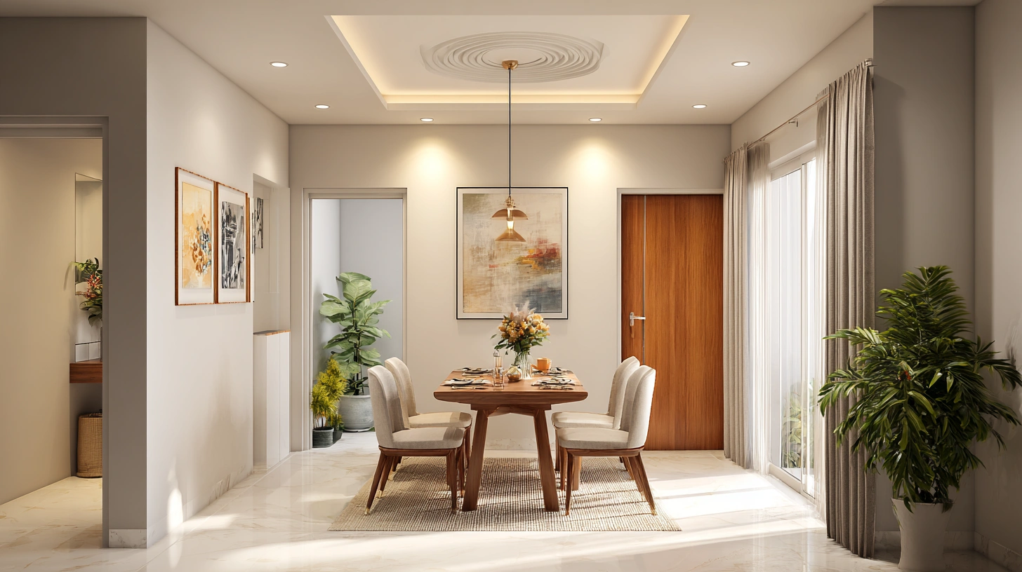 Living room with a decorative round central plaster medallion