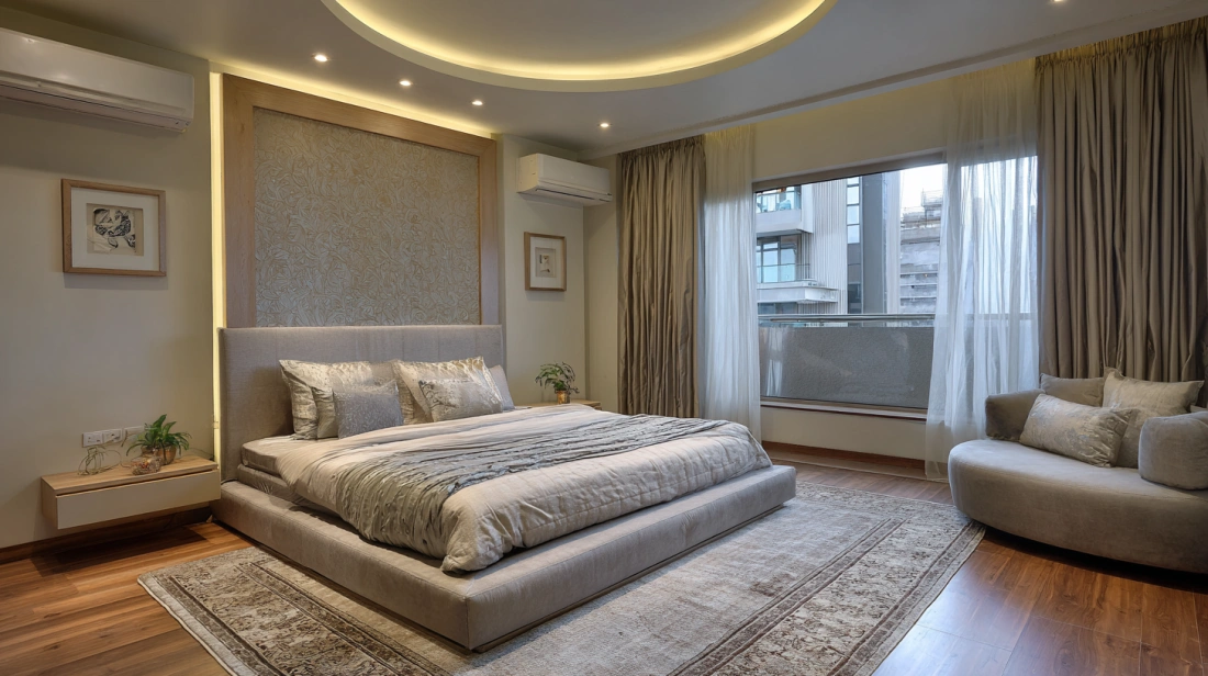 Modern bedroom featuring a large circular tray ceiling design