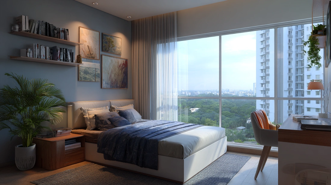 Glass wall with roller blinds in metro bedroom setup