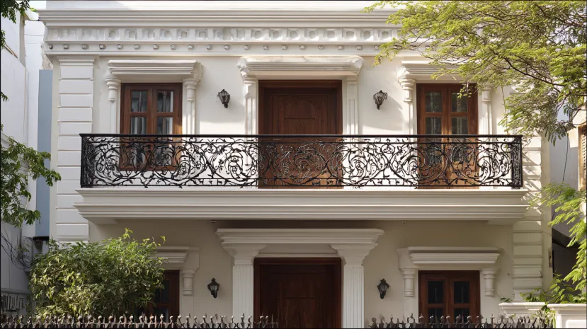 Two-story white house with ornate black wrought iron balcony