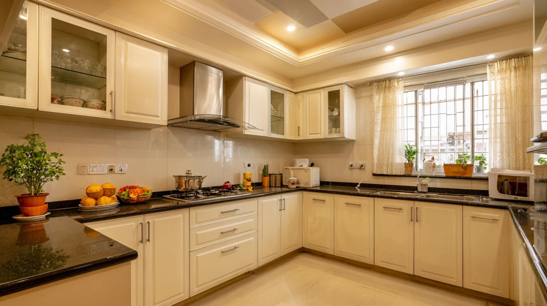 Layered perimeter false ceiling framing an open kitchen