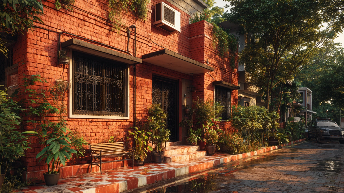 Indian home with exposed red brick and black windows