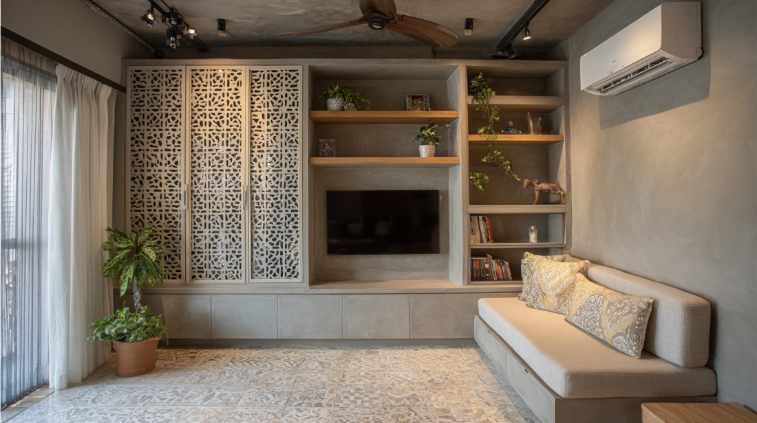 Cement cupboard with laminate shutters in living hall