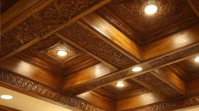intricate wooden false ceiling design for pooja room with carvings