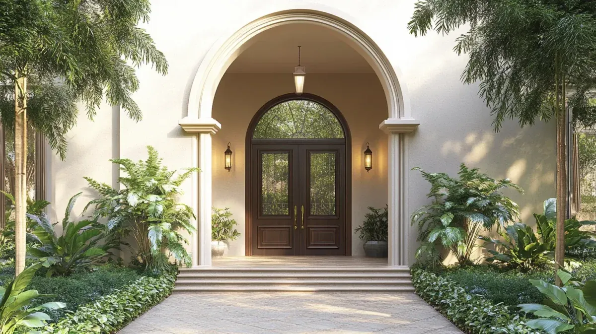 Classic cream curved archway over a dark wood double door