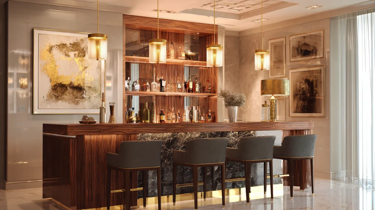 classic elegance home bar with wood, leather, and brass finishes