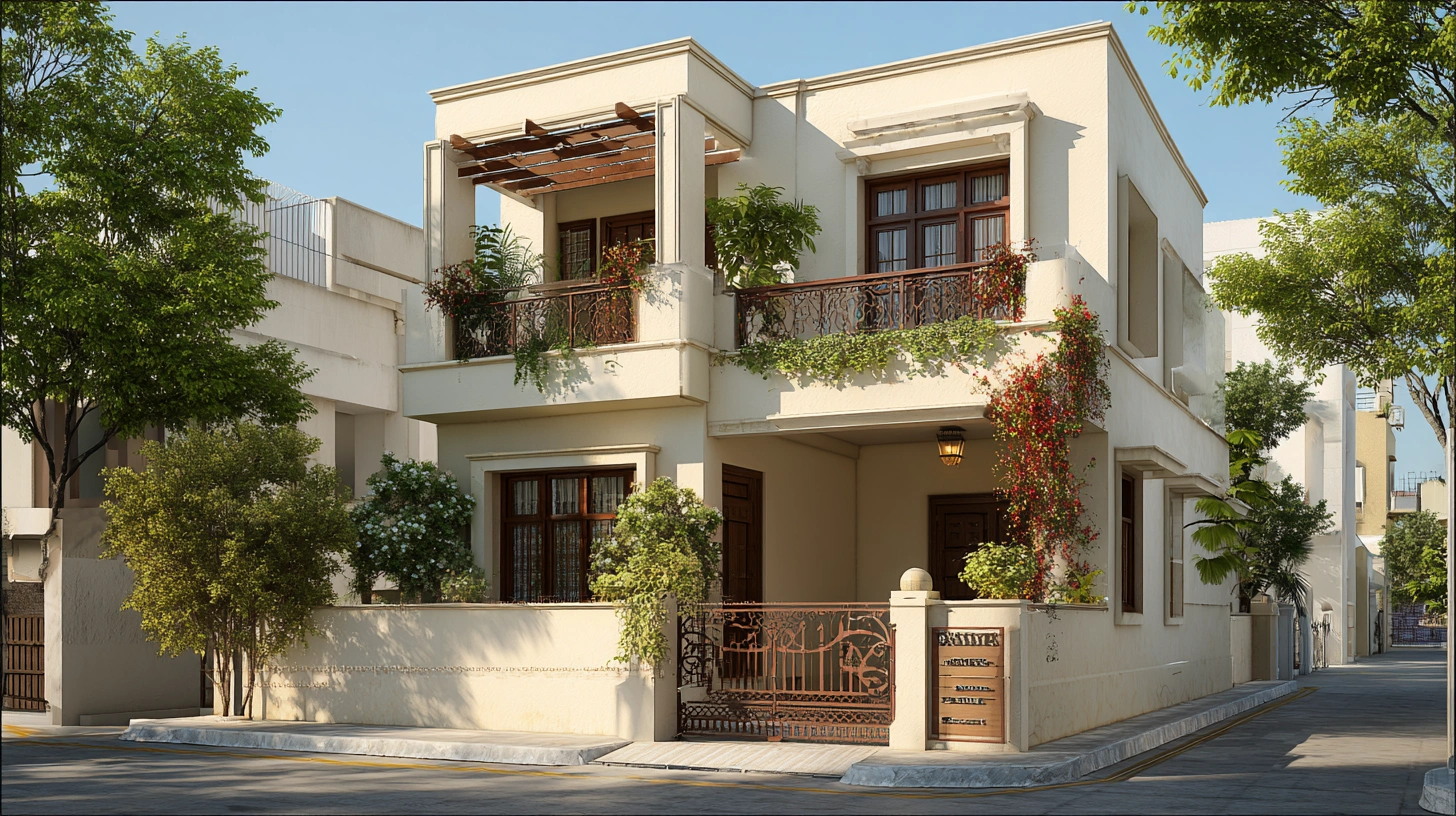 Cream stucco double floor house with small pillars