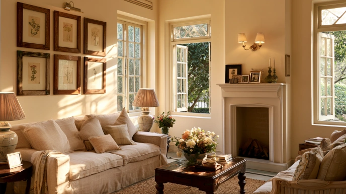 English cottage living room with botanical décor