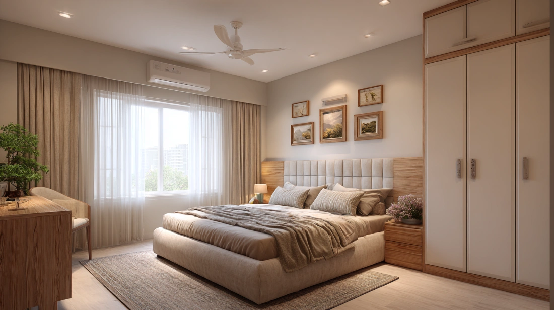 Bed against classic rectangular wall moulding panels