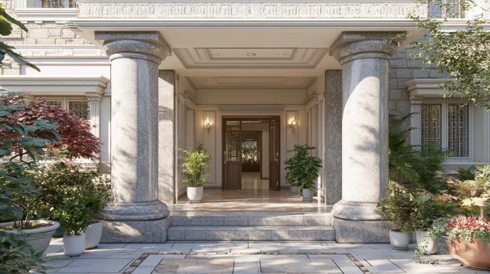 Round granite pillars at an Indian home entrance