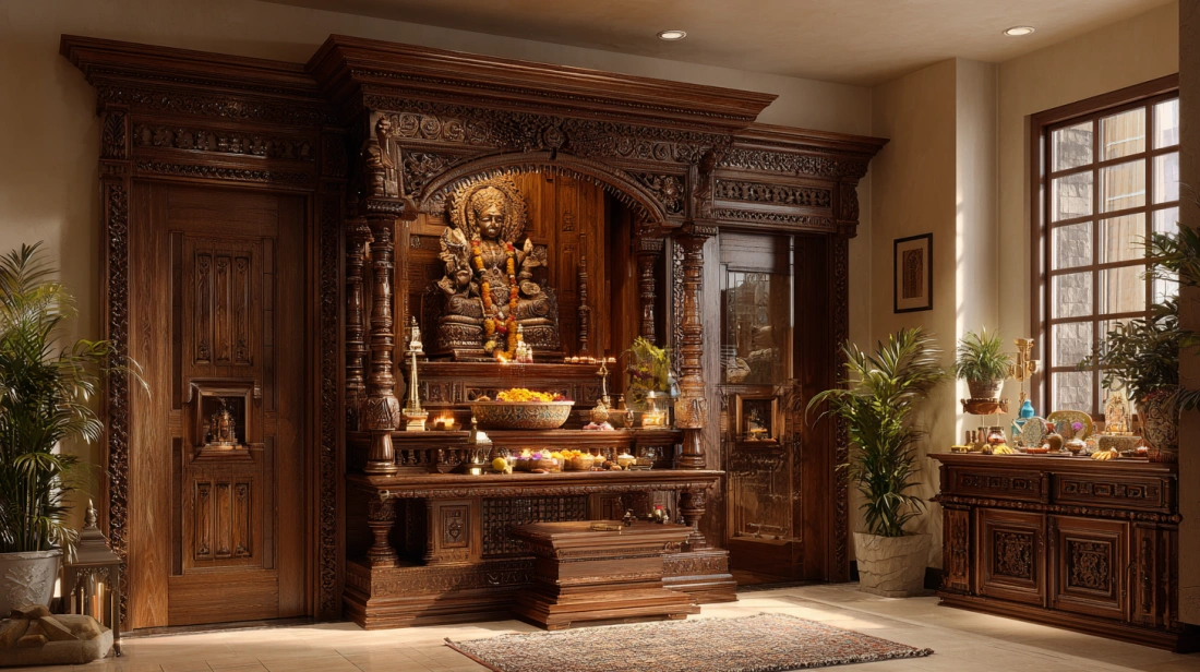 Rustic plywood mandir with traditional carvings