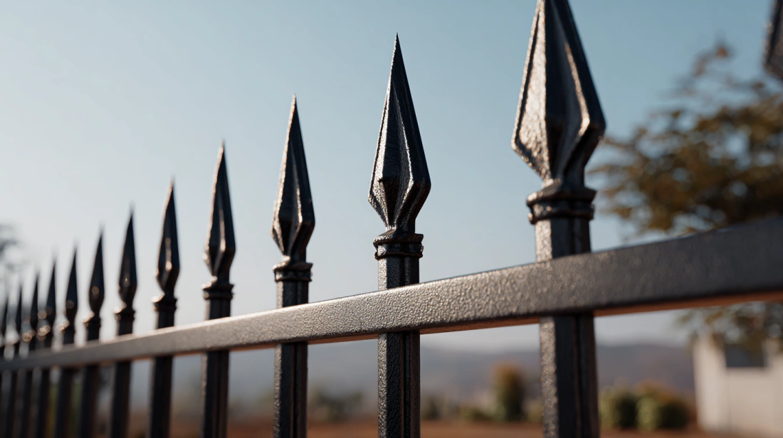 Traditional wrought iron fence with sharp gold-tipped security spikes