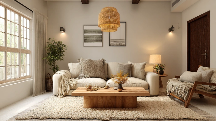 Warm Scandinavian living room with oak furniture