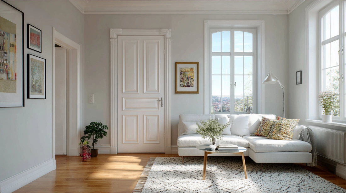 Minimal white door brightening small drawing room space