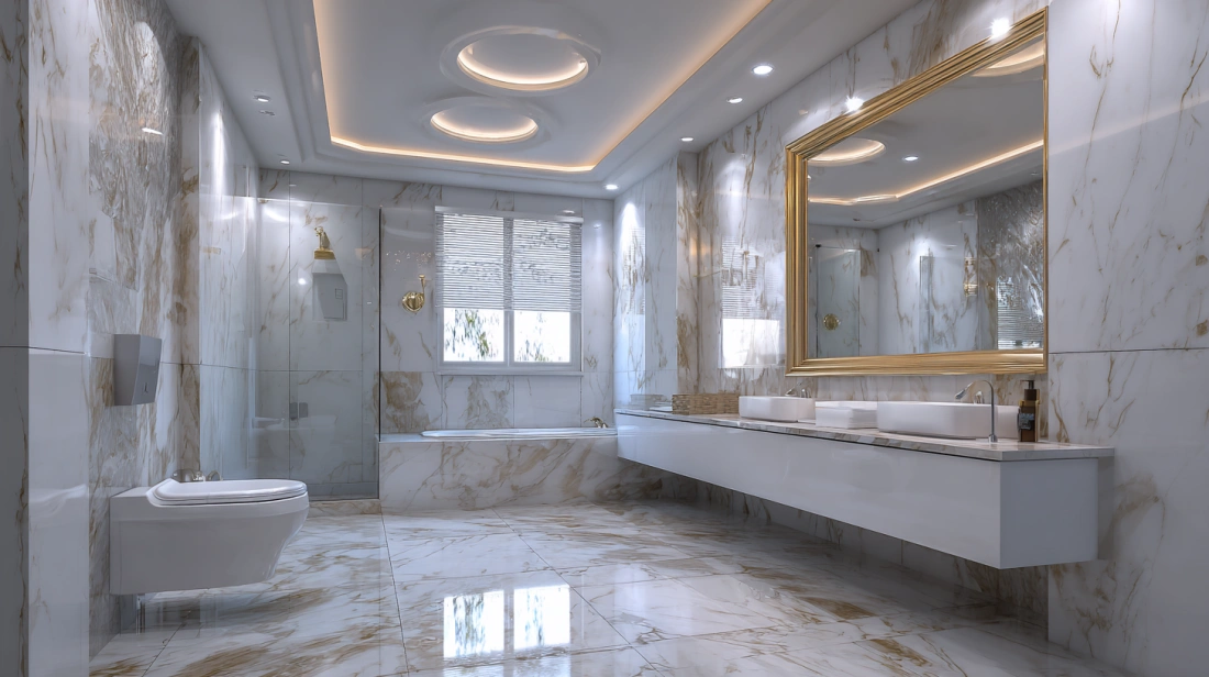 Clean, all-white bathroom with a seamless plaster false ceiling