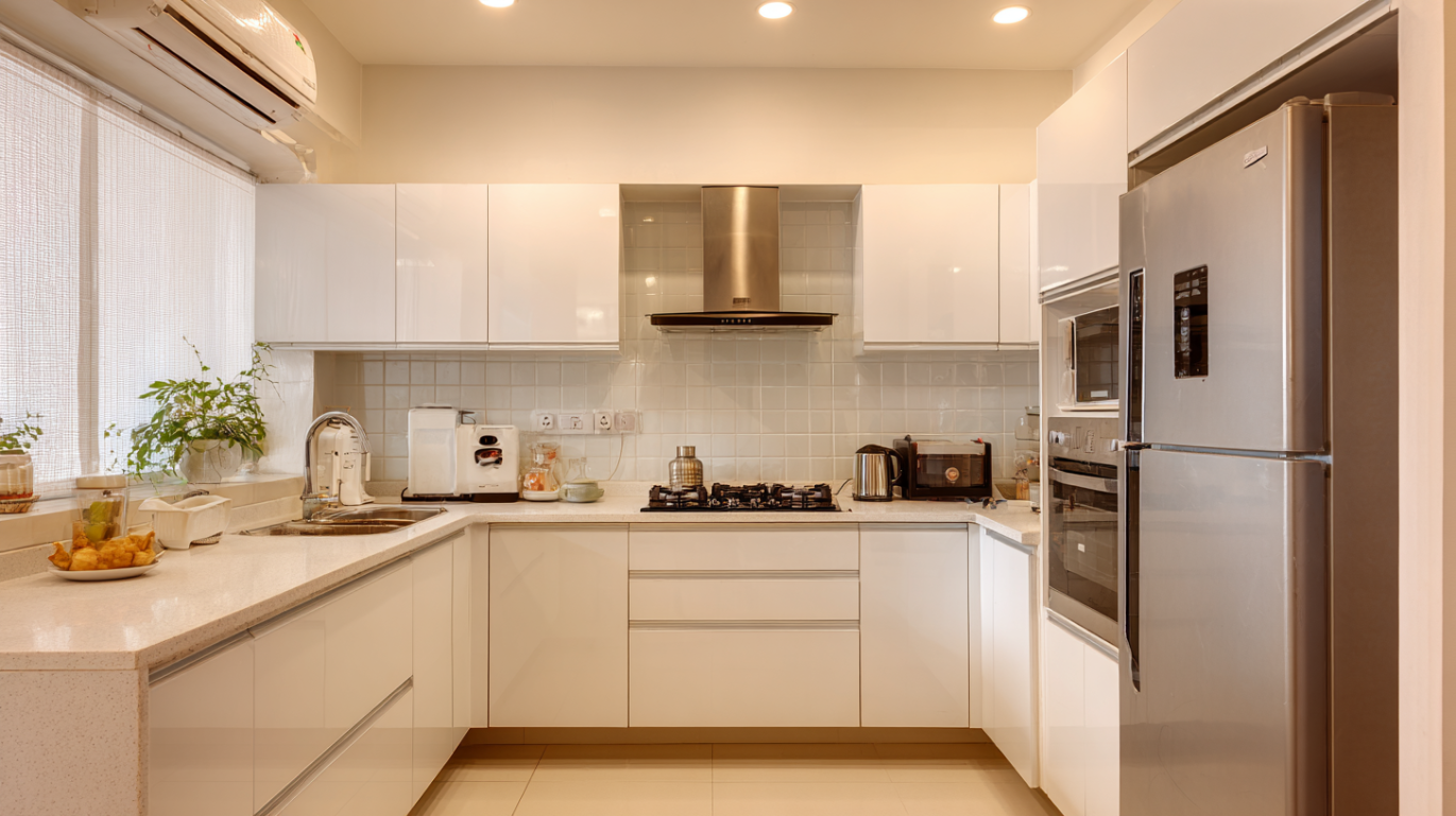 Clean all white gloss acrylic modular kitchen layout