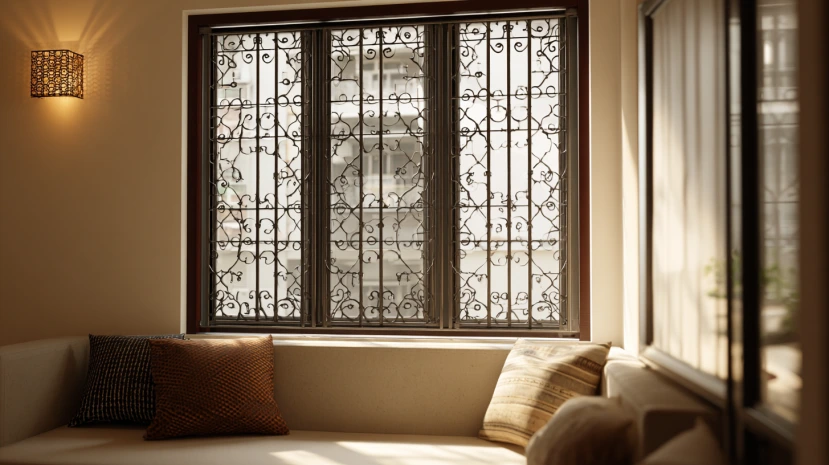 classic metal window grill design for an elegant living room