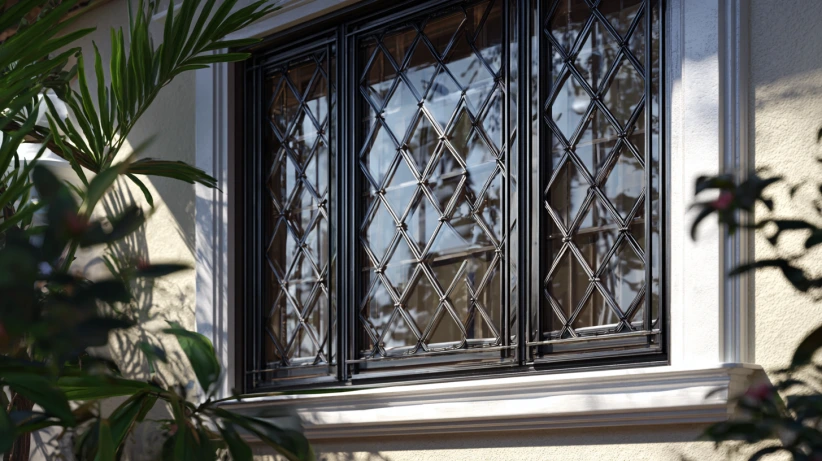 windowpane pattern featured in a classic iron window grill design