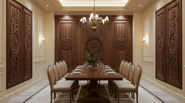 Classic wooden luxury dining room with handcrafted teak table.