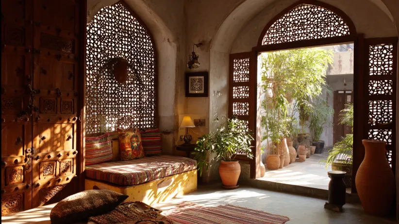 Intricate geometric jali lattice windows casting decorative shadows in a traditional stone room.