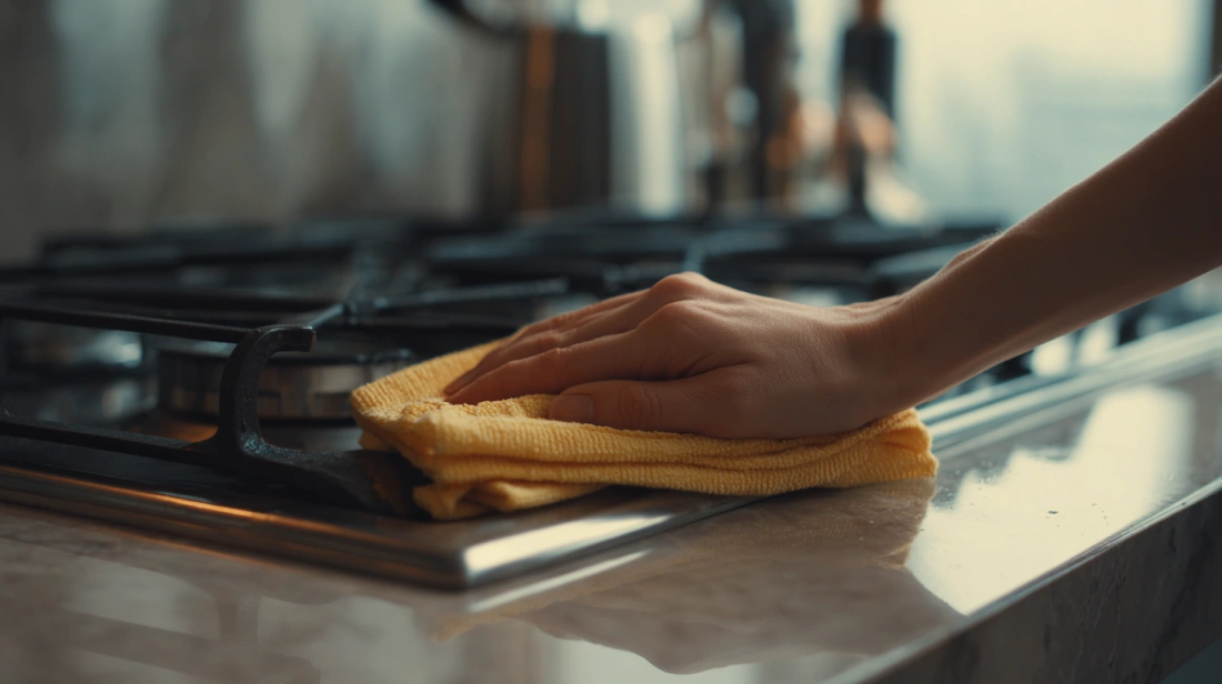 Hands wiping a kitchen counter immediately after use
