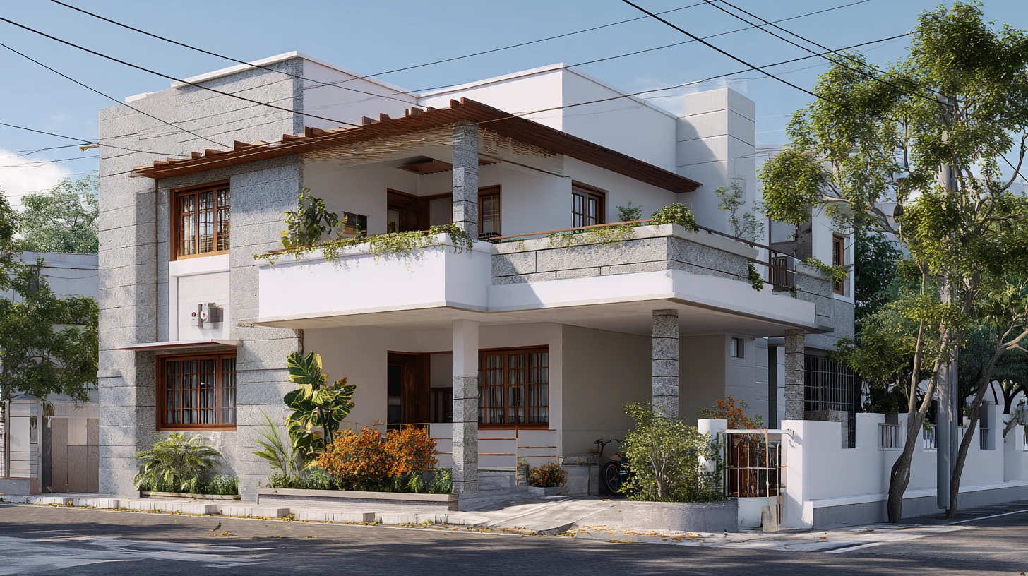 Simple Bengaluru home with stone, flat roof, clean facade