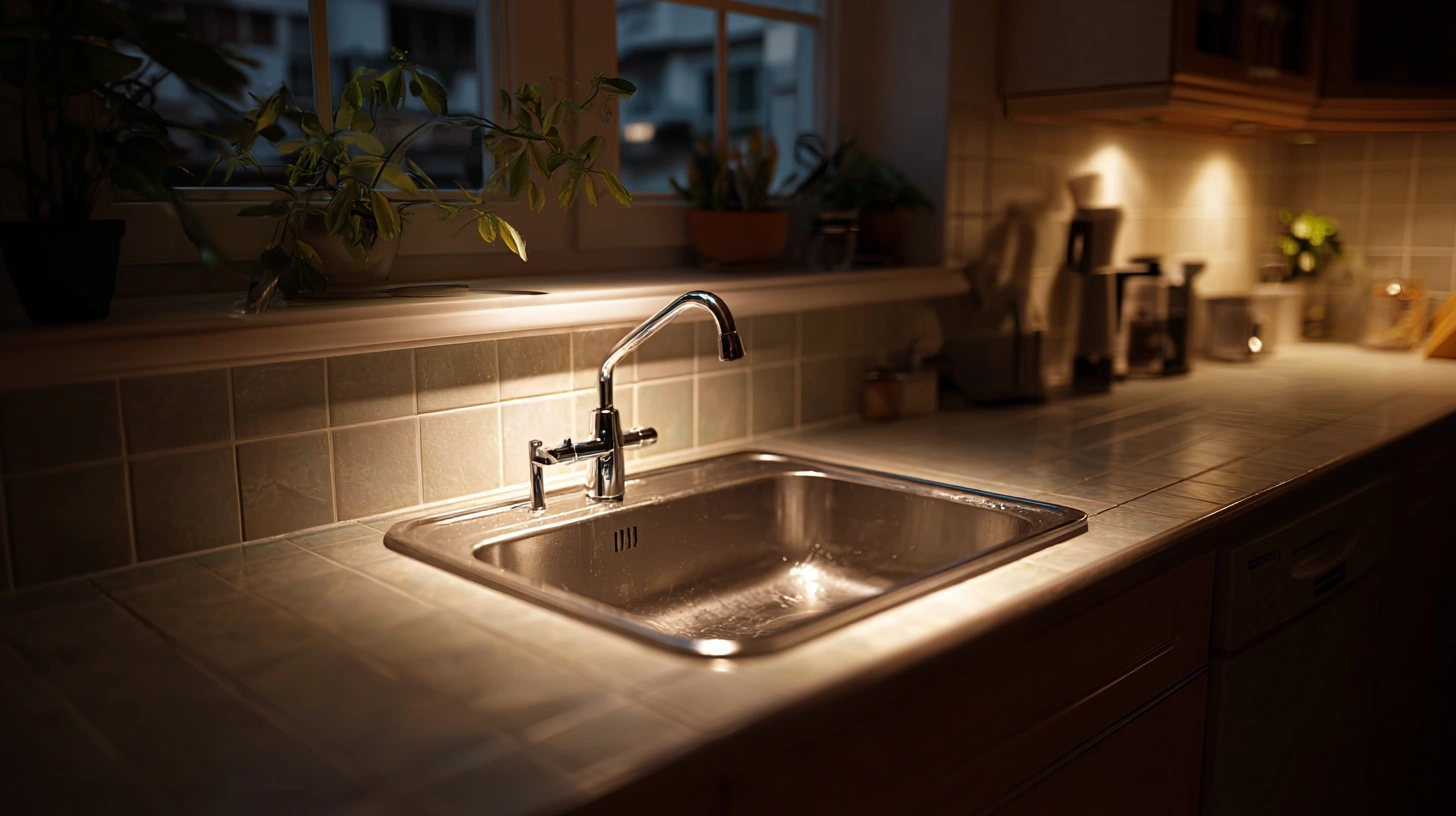 Sparkling clean kitchen counters and sink at nighttime