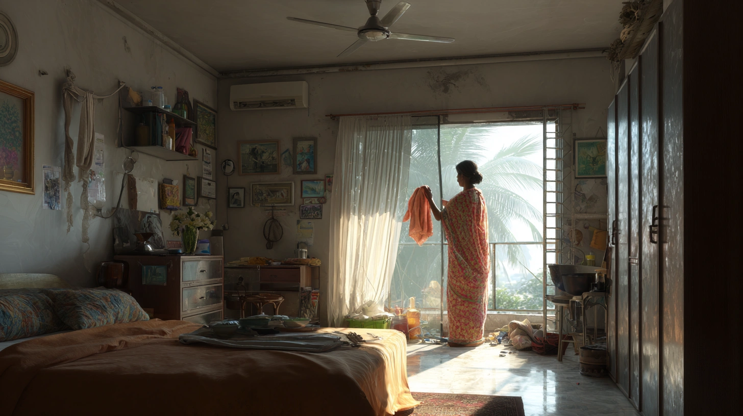 Person cleaning glass wall in small Indian bedroom